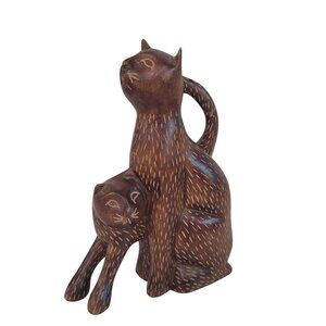 hand made wooden cat figurine 2 kitten cats carved out of wood art decor brown